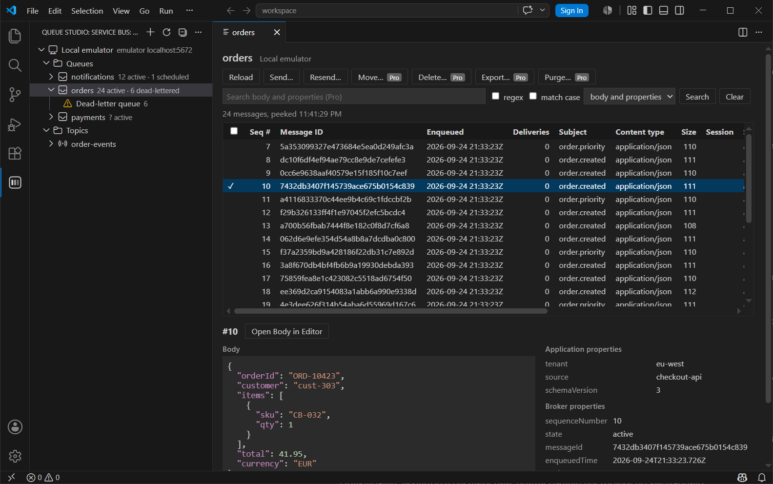 VS Code with the Queue Studio tree of an emulator namespace and the peeked messages of the orders queue: a table of 24 messages and, below it, the formatted JSON body and the properties of the selected one